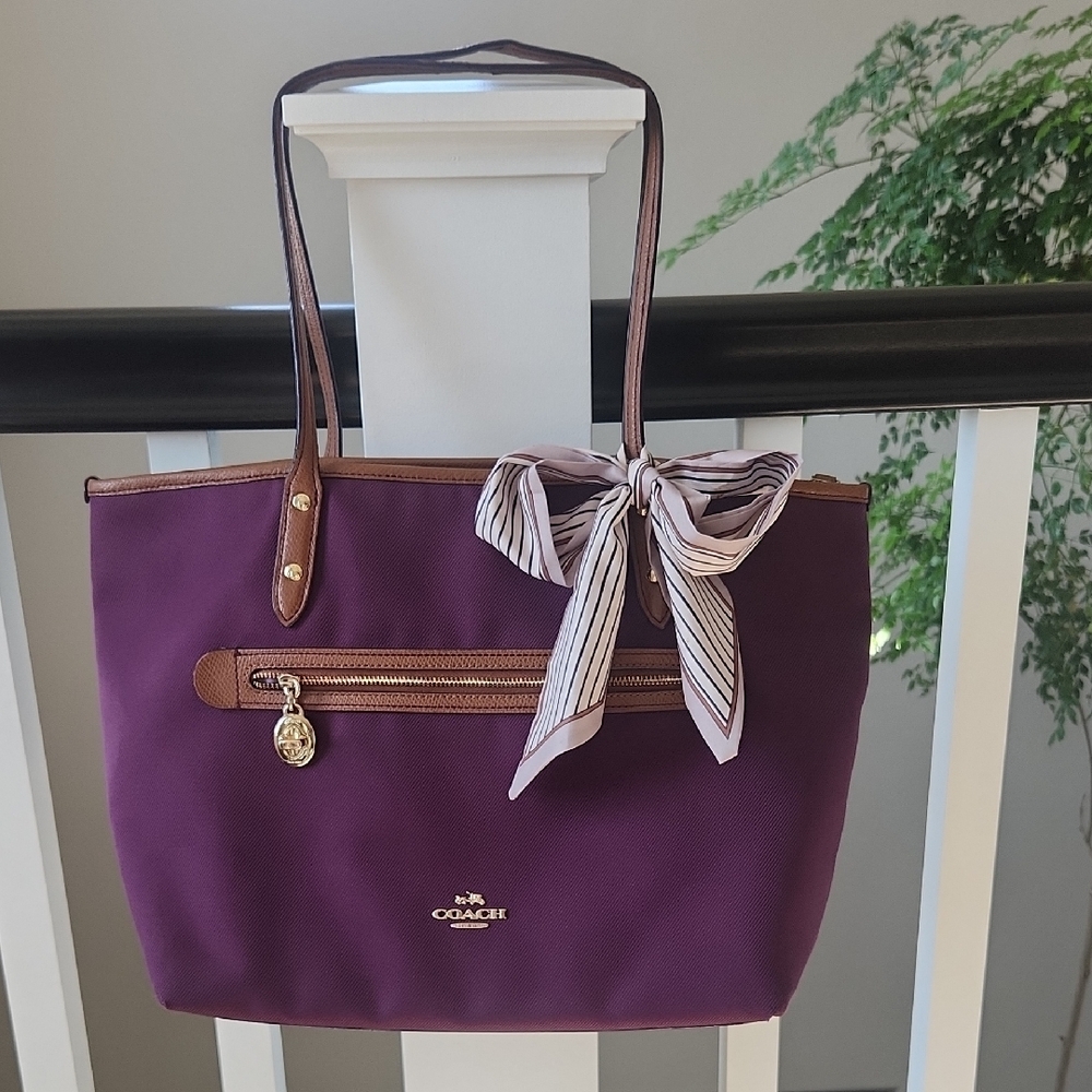 Coach Purple Leather Trim Tote Bag